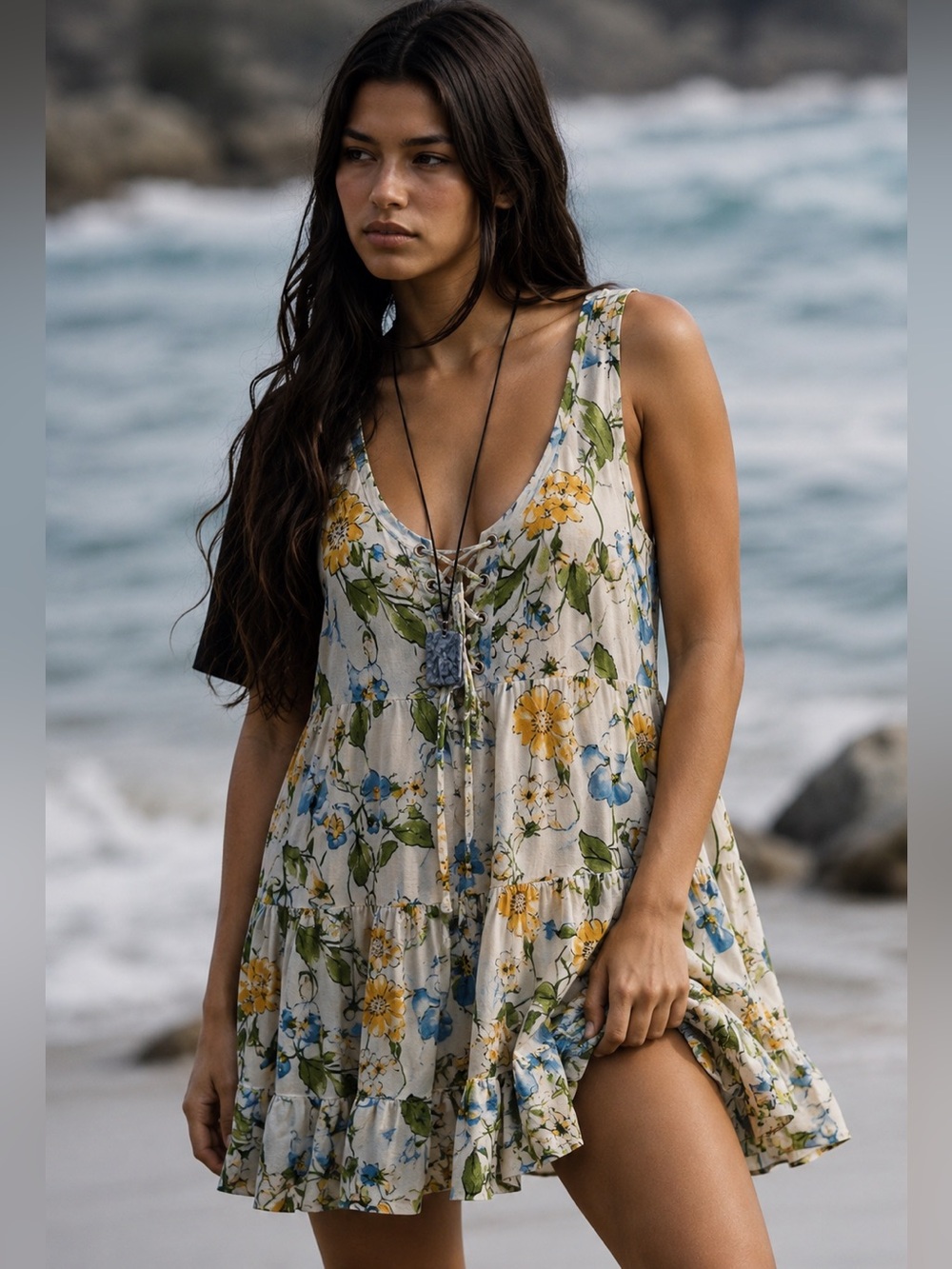 Altar’d State Floral Lace Up Tiered Mini Dress Large NWOT